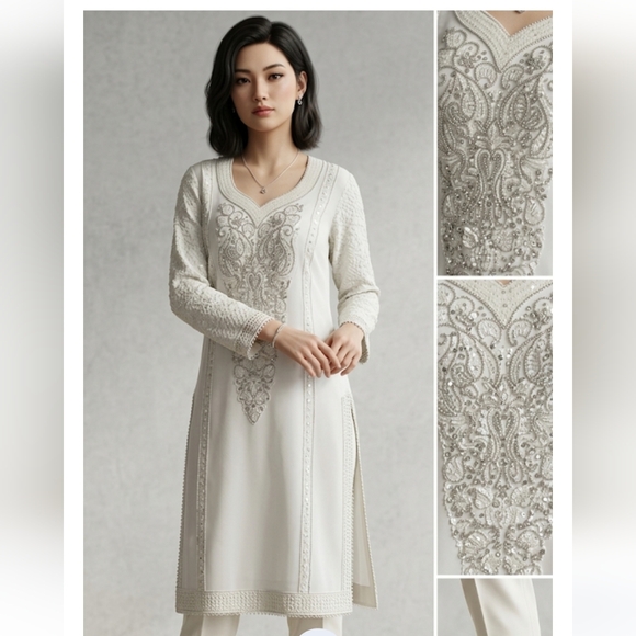 Dresses & Skirts - Ivory Indian Beaded Embellished Midi  Dress